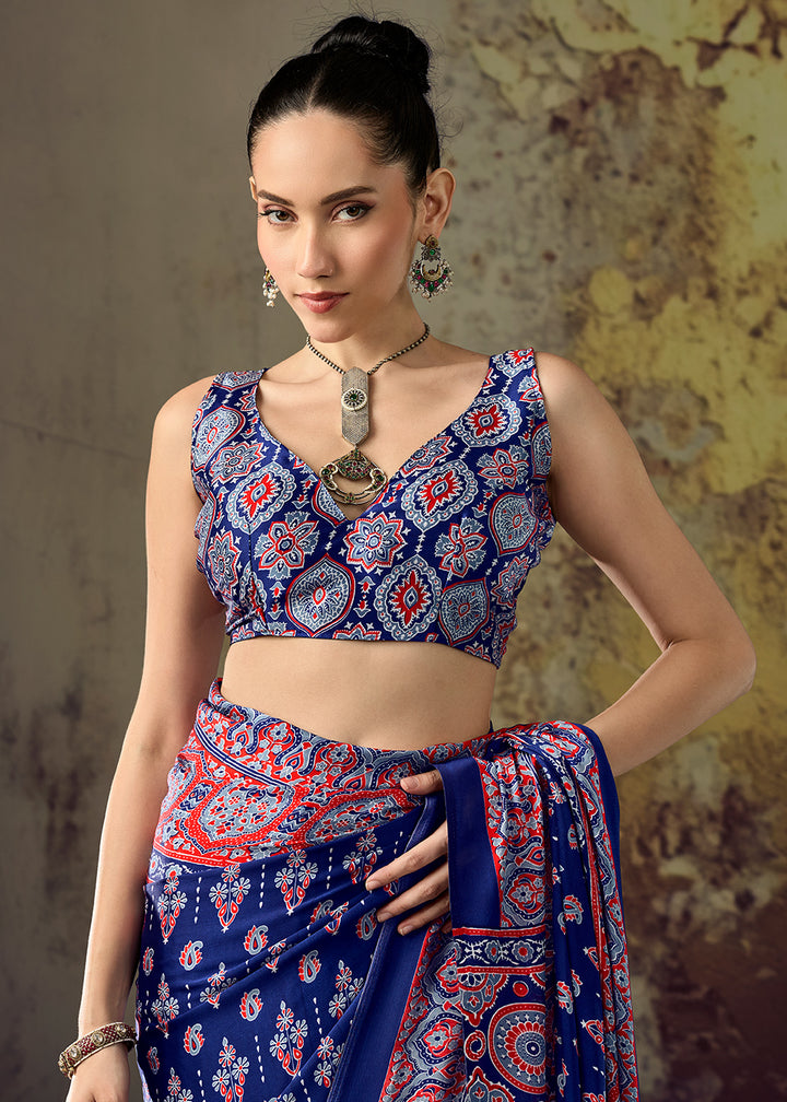 Navy Blue Modal Satin Saree with Crafted Ajrakh Motifs