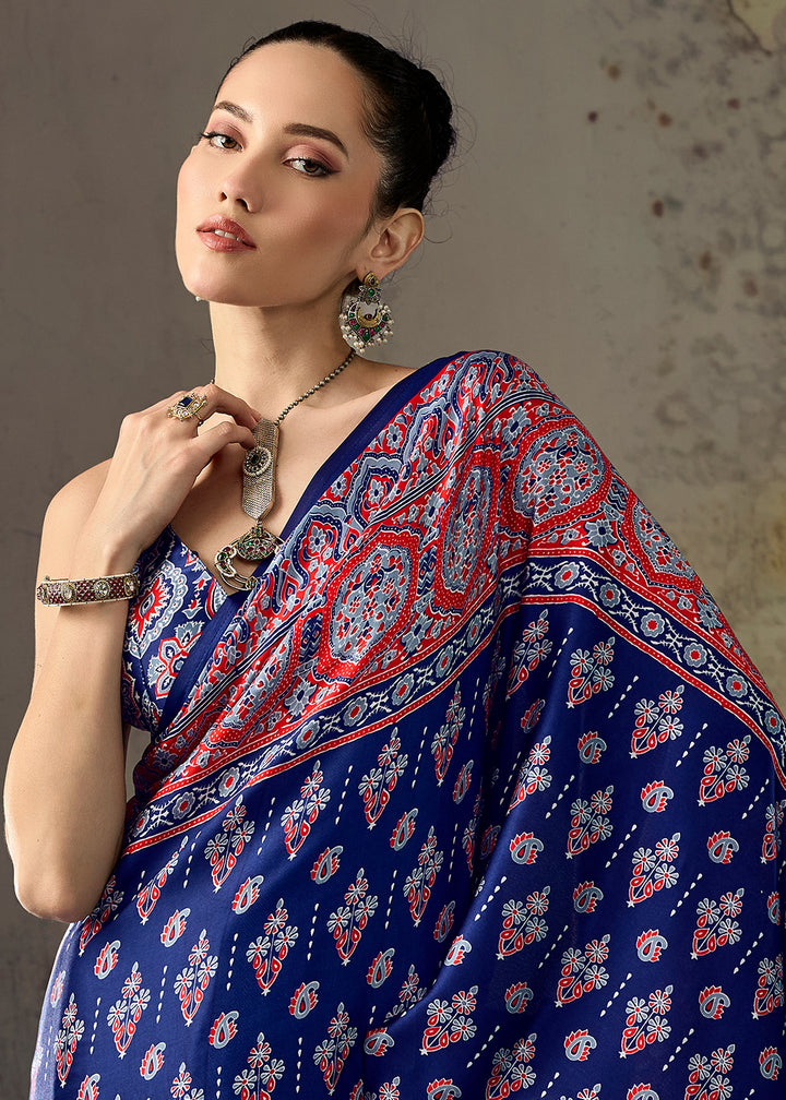 Navy Blue Modal Satin Saree with Crafted Ajrakh Motifs