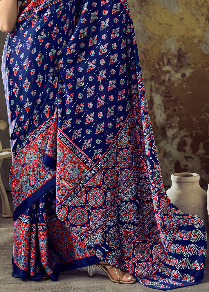 Navy Blue Modal Satin Saree with Crafted Ajrakh Motifs