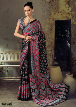 Charcoal Black Modal Satin Saree with Crafted Ajrakh Motifs