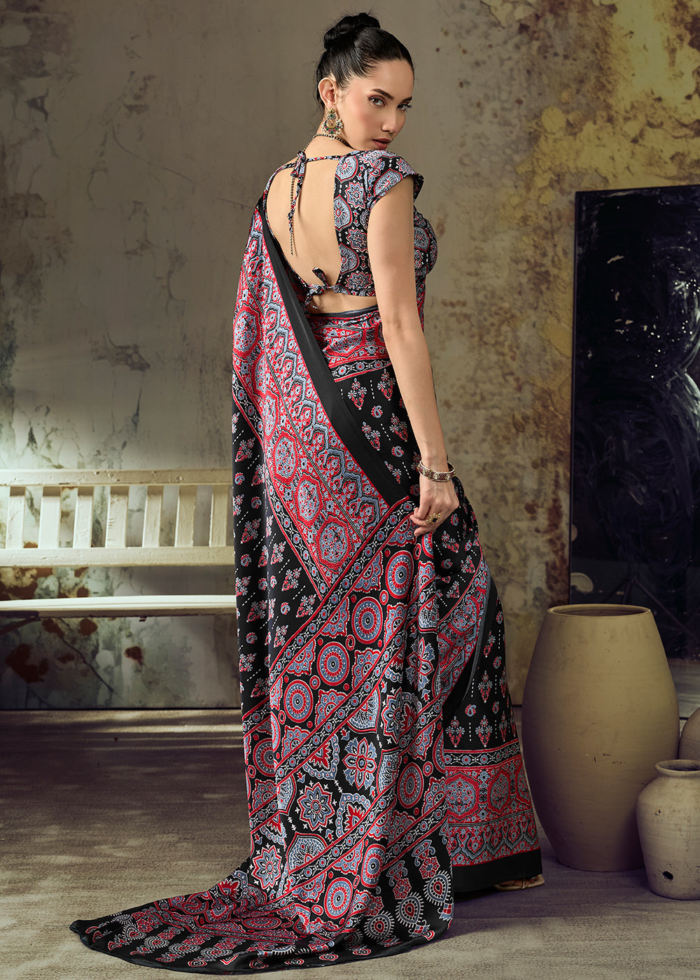 Charcoal Black Modal Satin Saree with Crafted Ajrakh Motifs