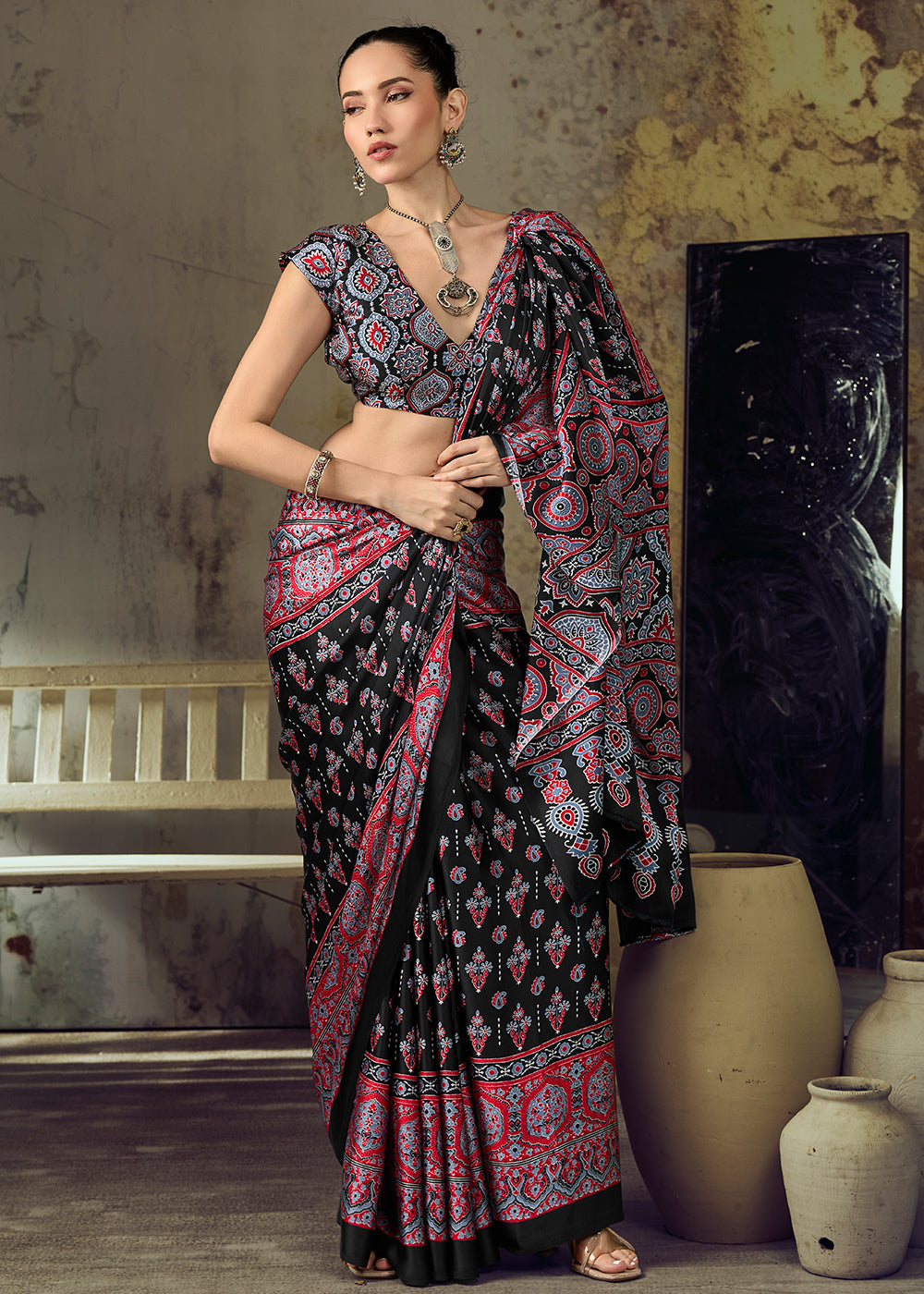 Charcoal Black Modal Satin Saree with Crafted Ajrakh Motifs
