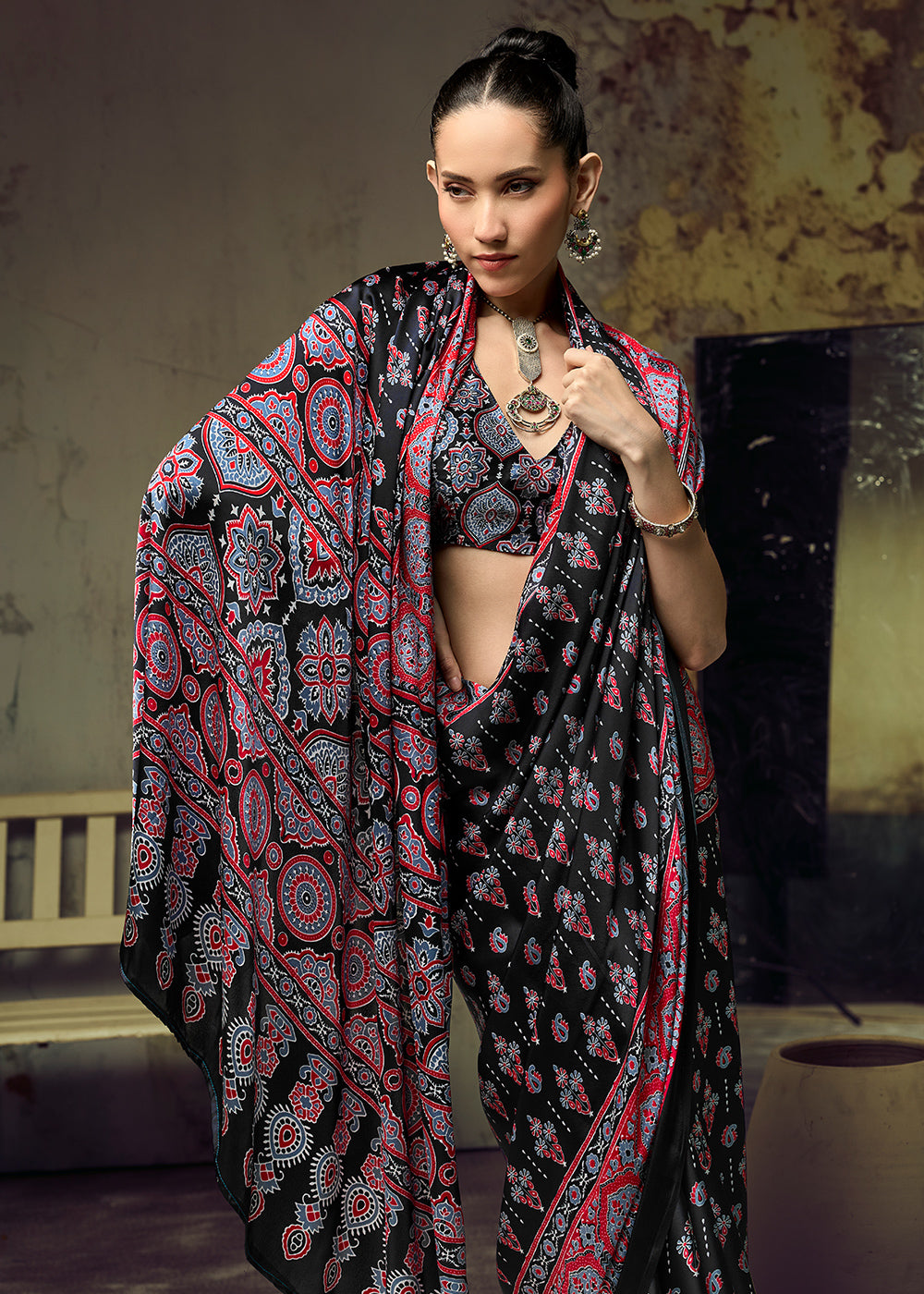Charcoal Black Modal Satin Saree with Crafted Ajrakh Motifs