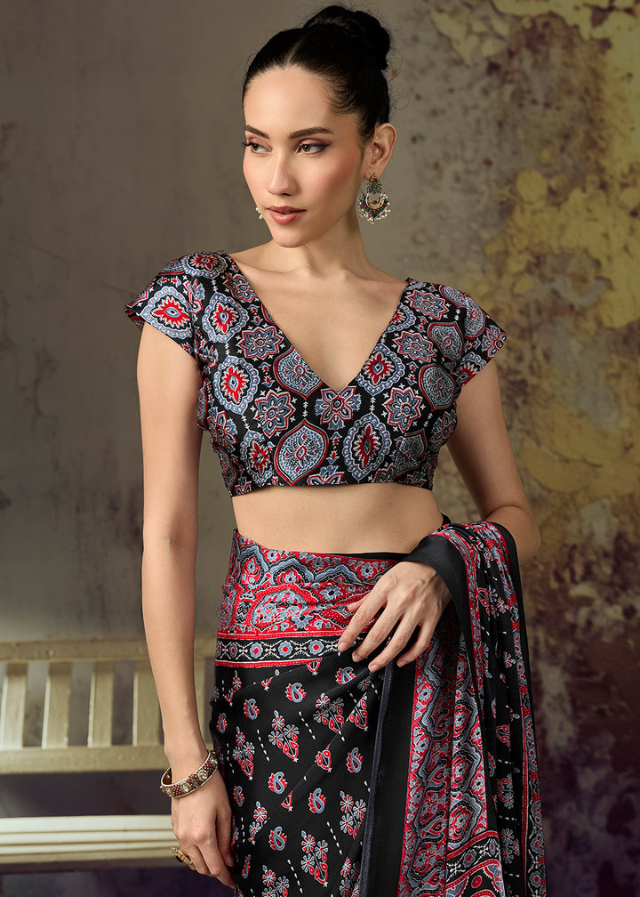 Charcoal Black Modal Satin Saree with Crafted Ajrakh Motifs