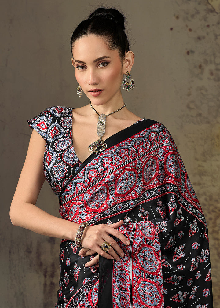 Charcoal Black Modal Satin Saree with Crafted Ajrakh Motifs
