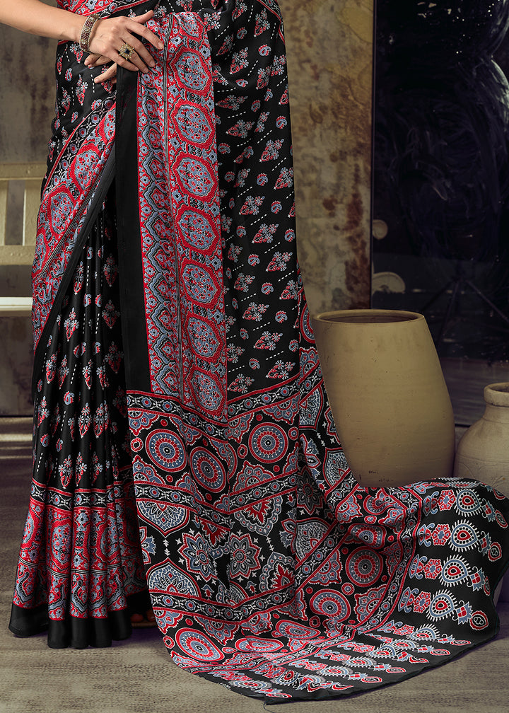 Charcoal Black Modal Satin Saree with Crafted Ajrakh Motifs