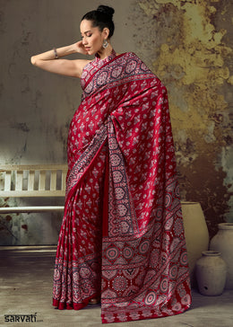 Crimson Red Modal Satin Saree with Crafted Ajrakh Motifs