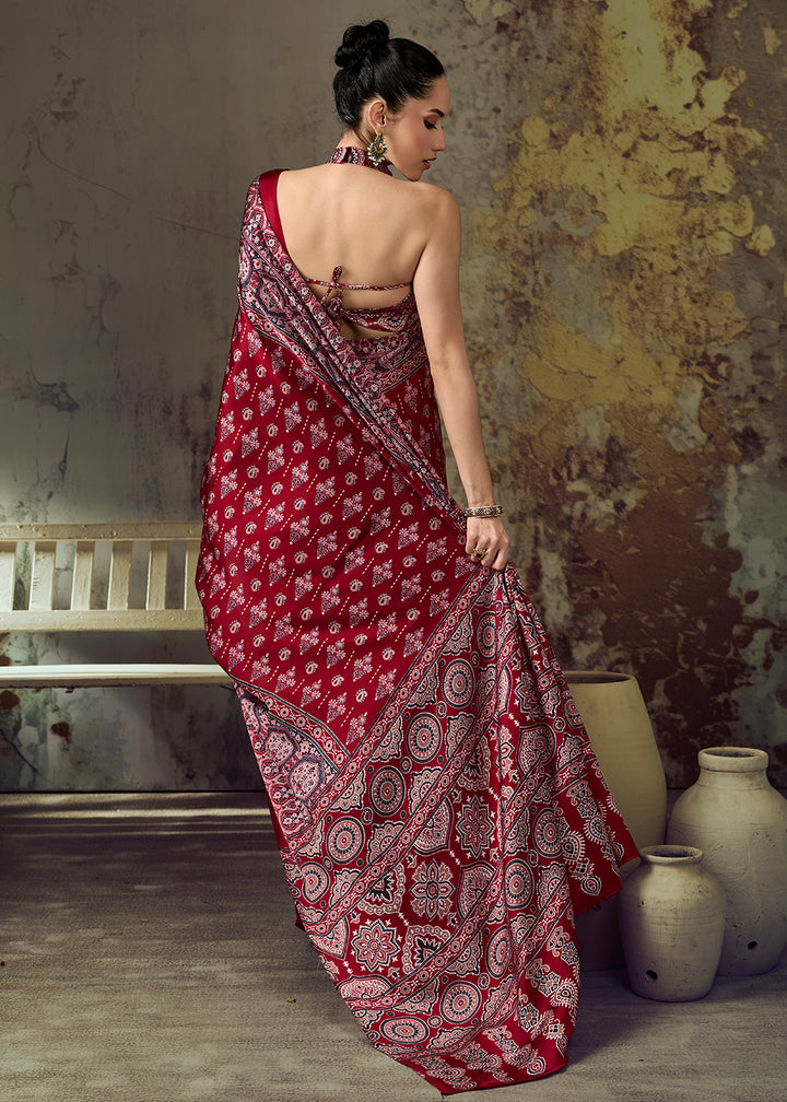 Crimson Red Modal Satin Saree with Crafted Ajrakh Motifs