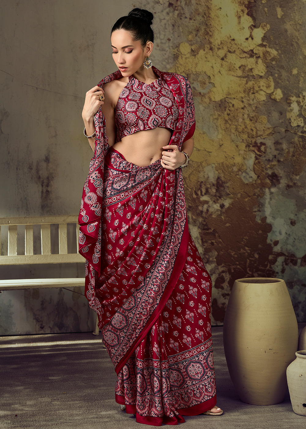 Crimson Red Modal Satin Saree with Crafted Ajrakh Motifs
