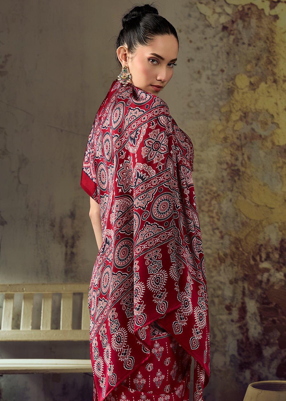 Crimson Red Modal Satin Saree with Crafted Ajrakh Motifs