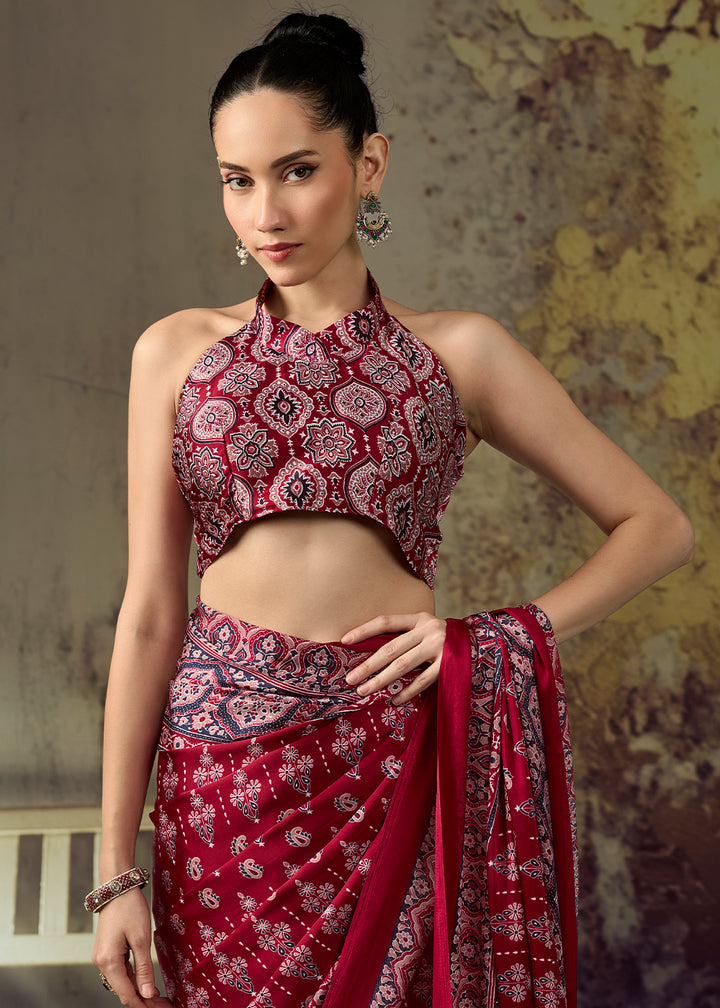 Crimson Red Modal Satin Saree with Crafted Ajrakh Motifs