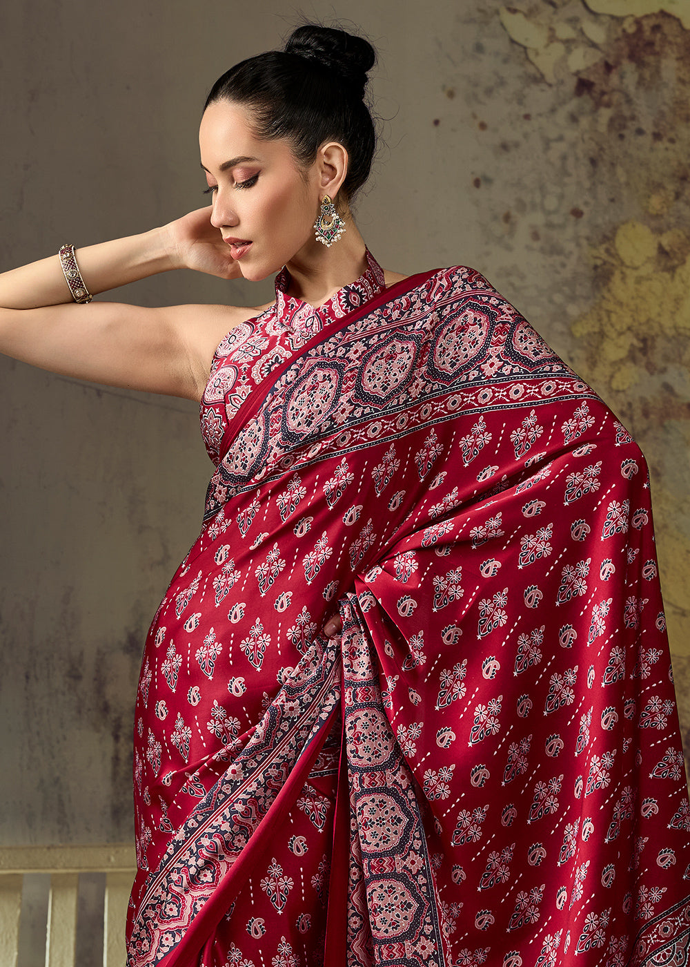 Crimson Red Modal Satin Saree with Crafted Ajrakh Motifs