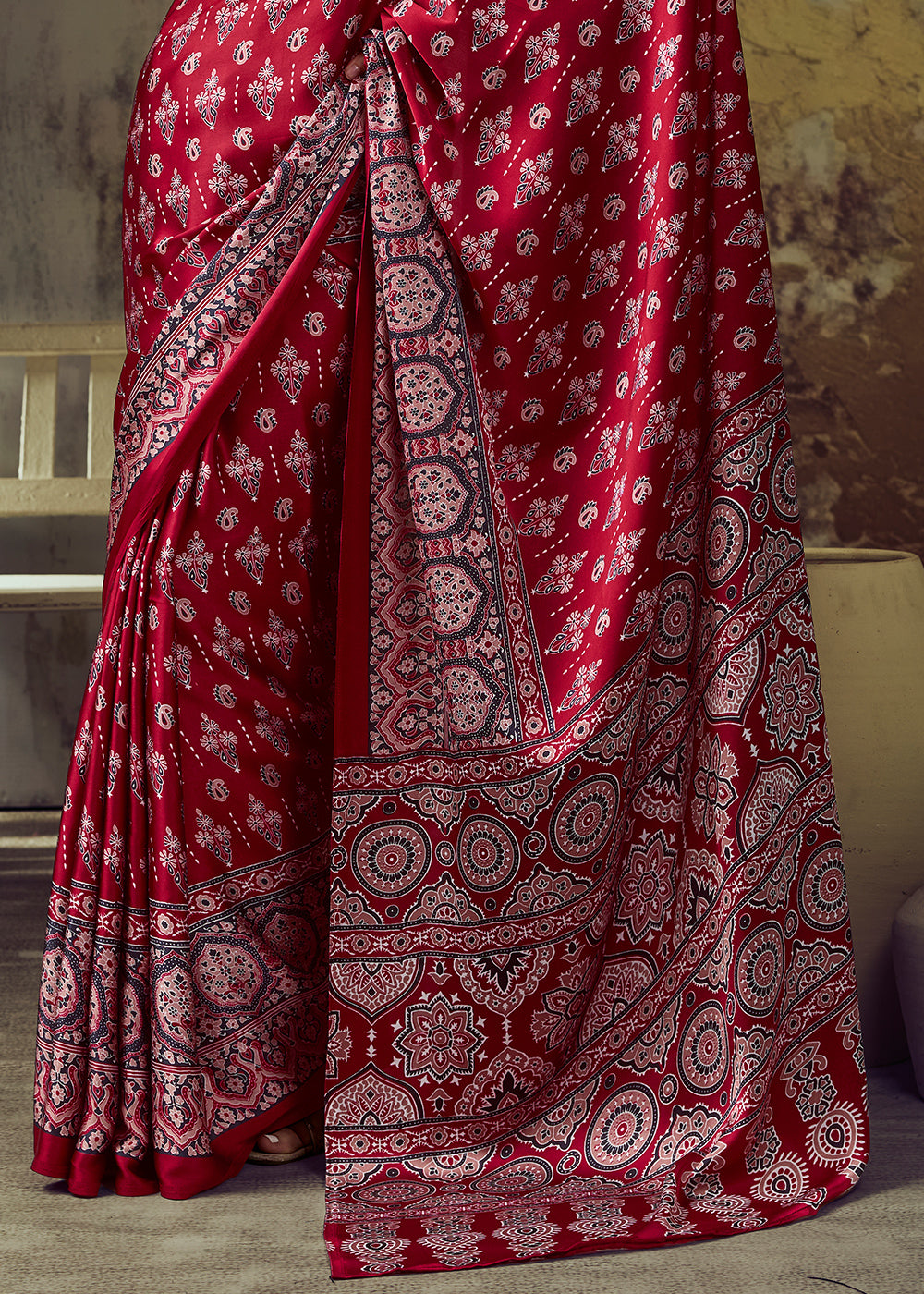 Crimson Red Modal Satin Saree with Crafted Ajrakh Motifs