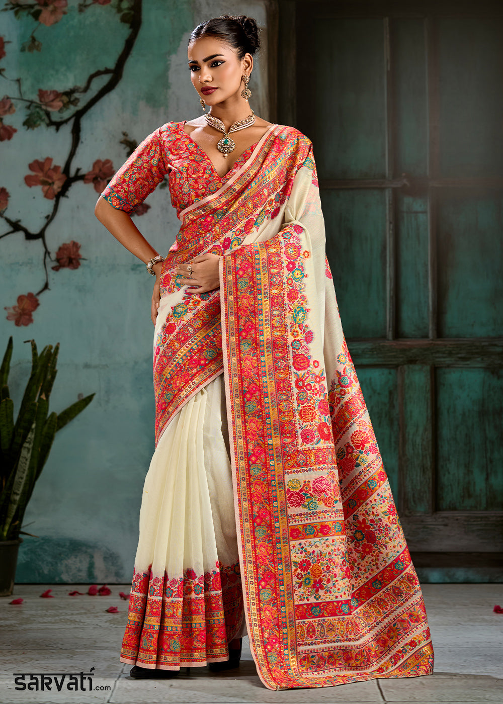 Cream White Handloom Pashmina Saree with Woven Elegance