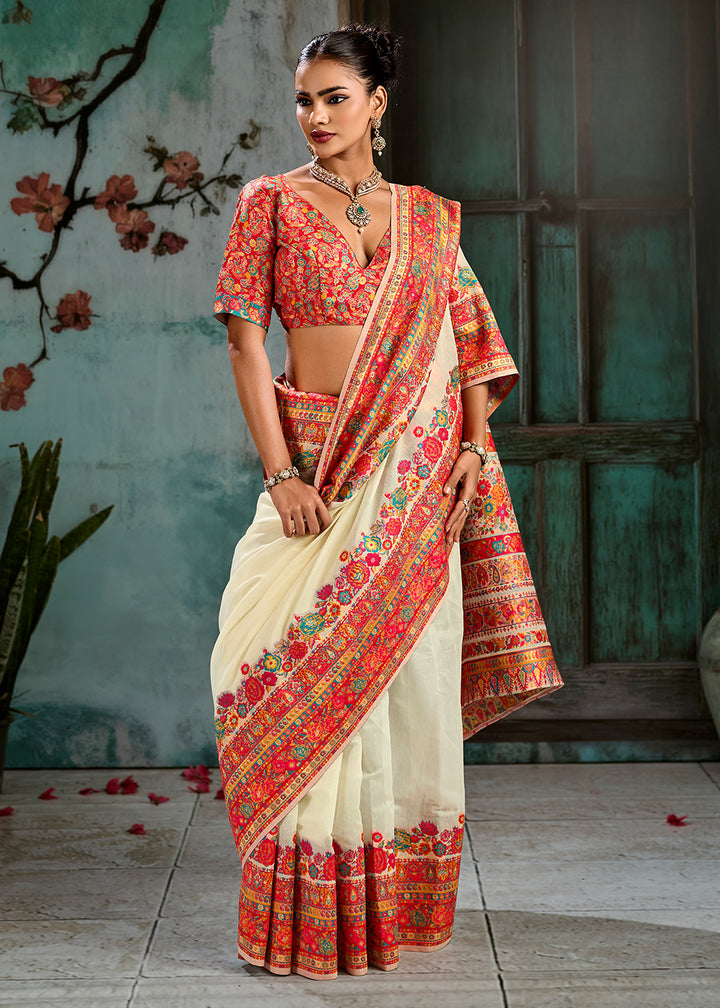 Cream White Handloom Pashmina Saree with Woven Elegance