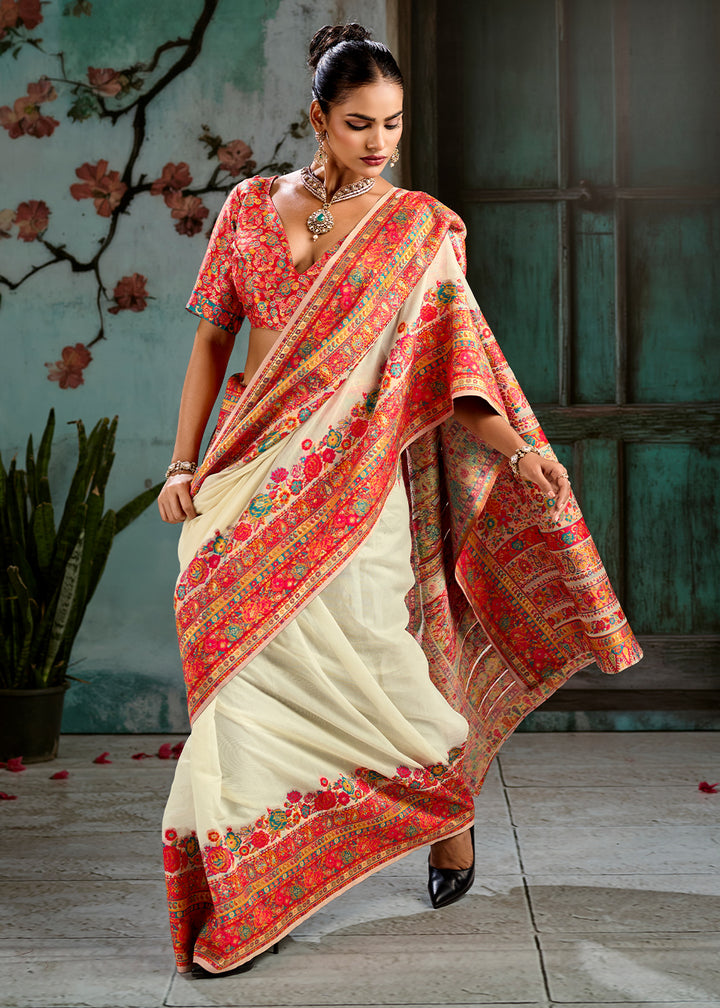 Cream White Handloom Pashmina Saree with Woven Elegance