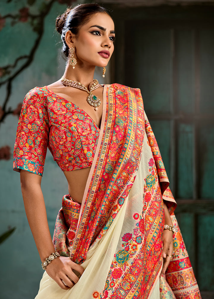 Cream White Handloom Pashmina Saree with Woven Elegance
