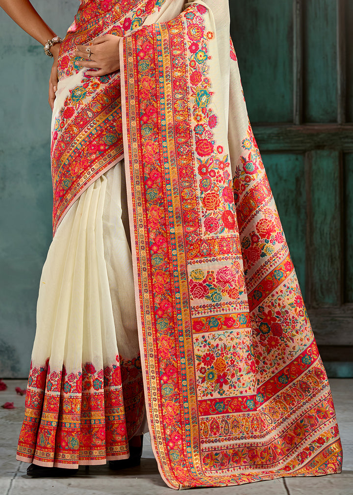 Cream White Handloom Pashmina Saree with Woven Elegance