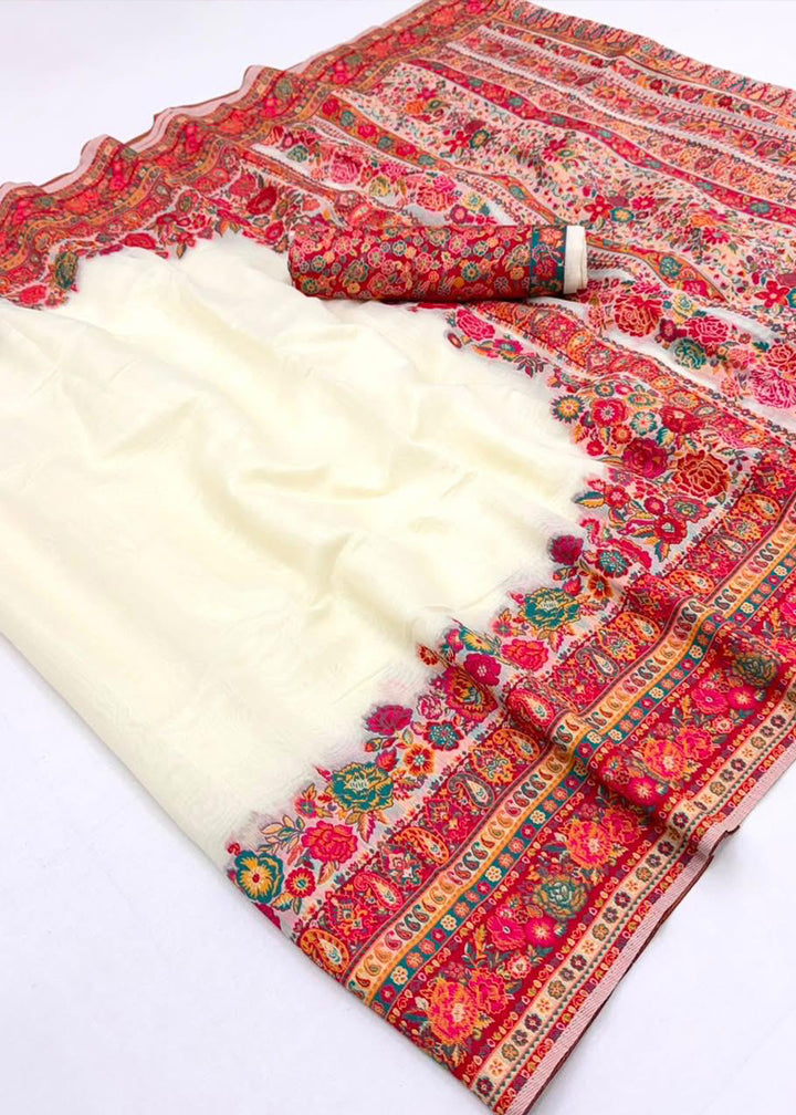 Cream White Handloom Pashmina Saree with Woven Elegance