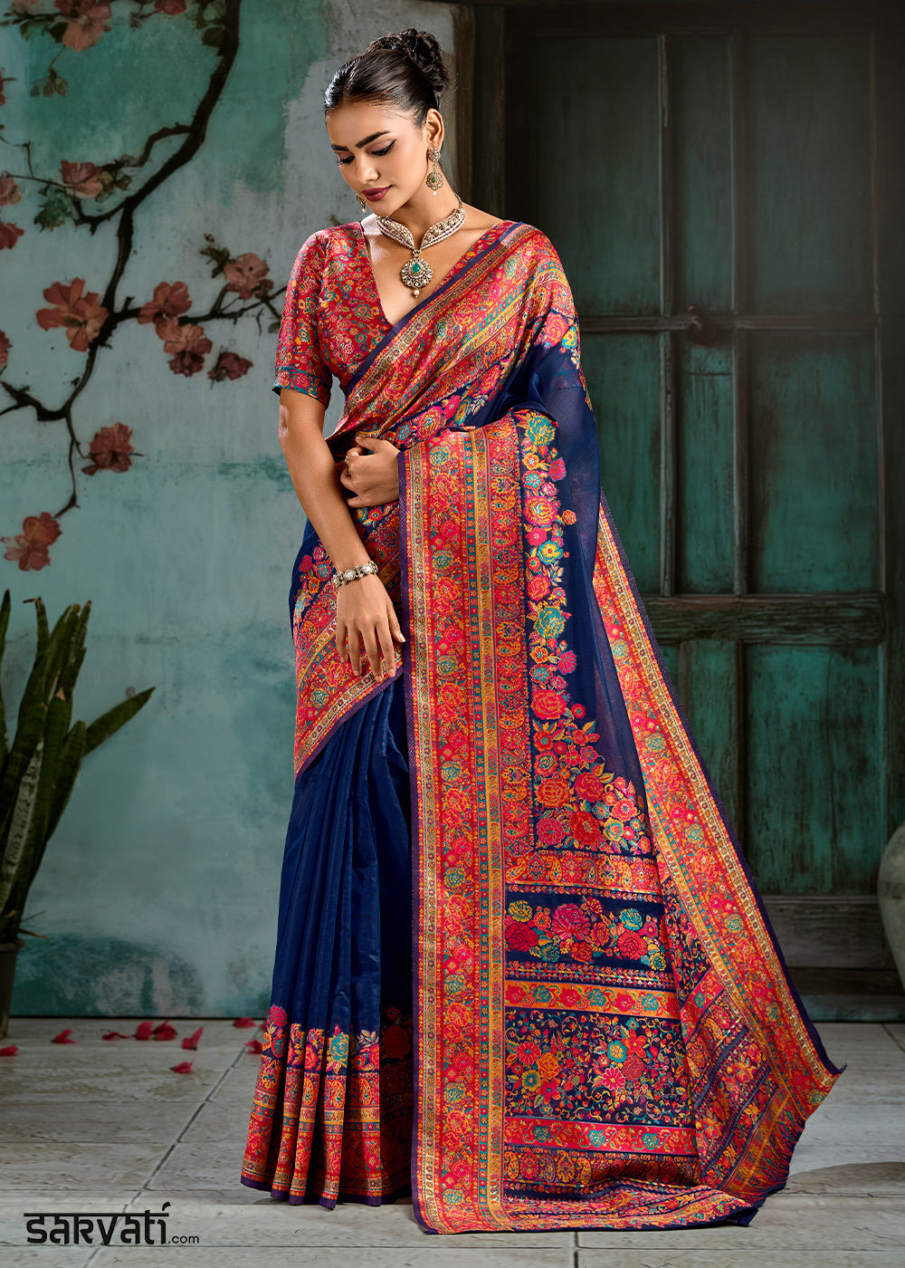Trypan Blue Handloom Pashmina Saree with Woven Elegance