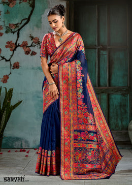 Trypan Blue Handloom Pashmina Saree with Woven Elegance