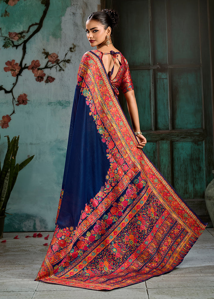 Trypan Blue Handloom Pashmina Saree with Woven Elegance