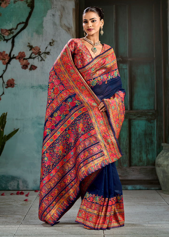 Trypan Blue Handloom Pashmina Saree with Woven Elegance
