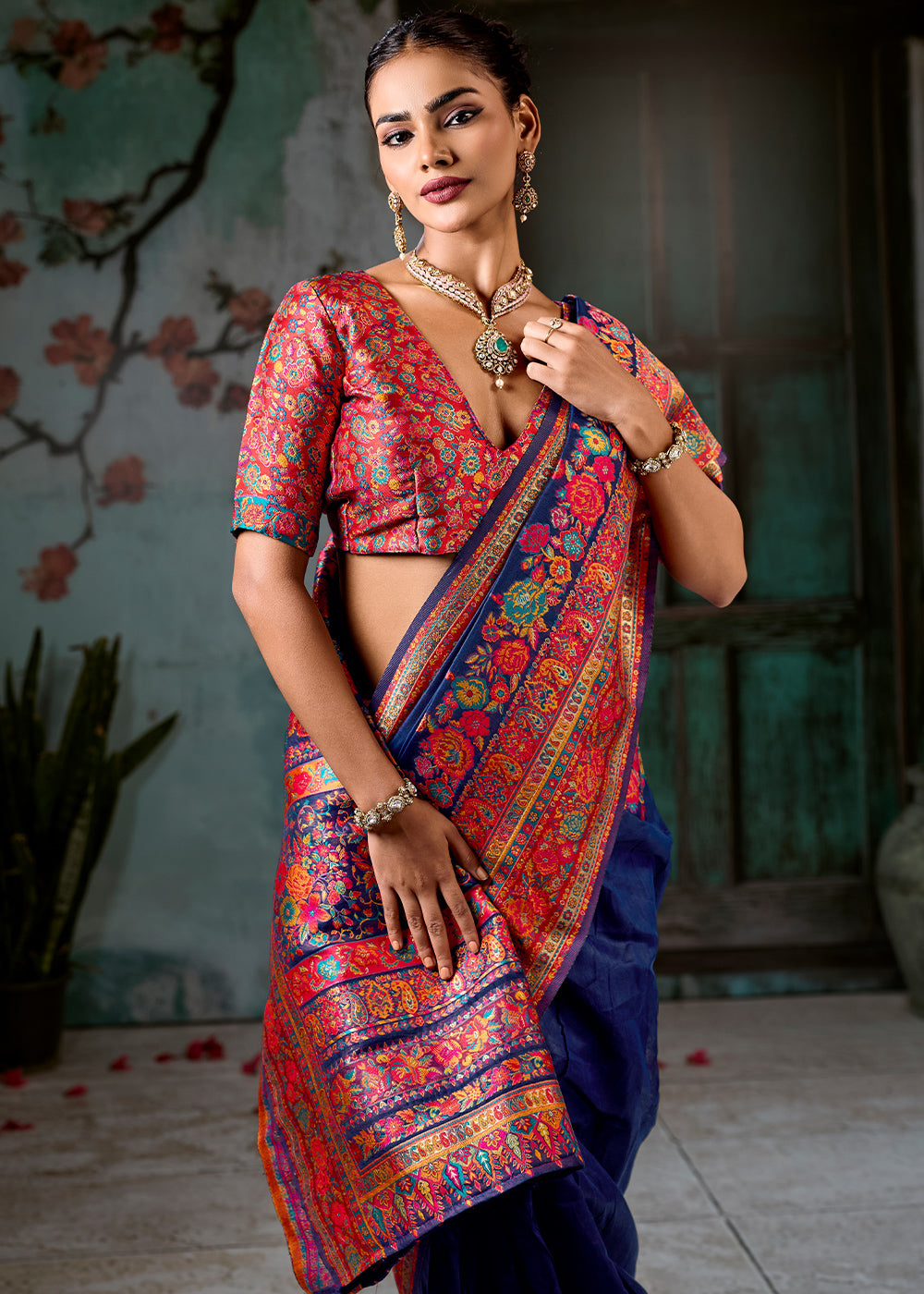 Trypan Blue Handloom Pashmina Saree with Woven Elegance