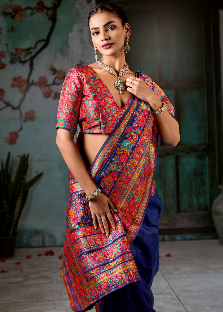 Trypan Blue Handloom Pashmina Saree with Woven Elegance
