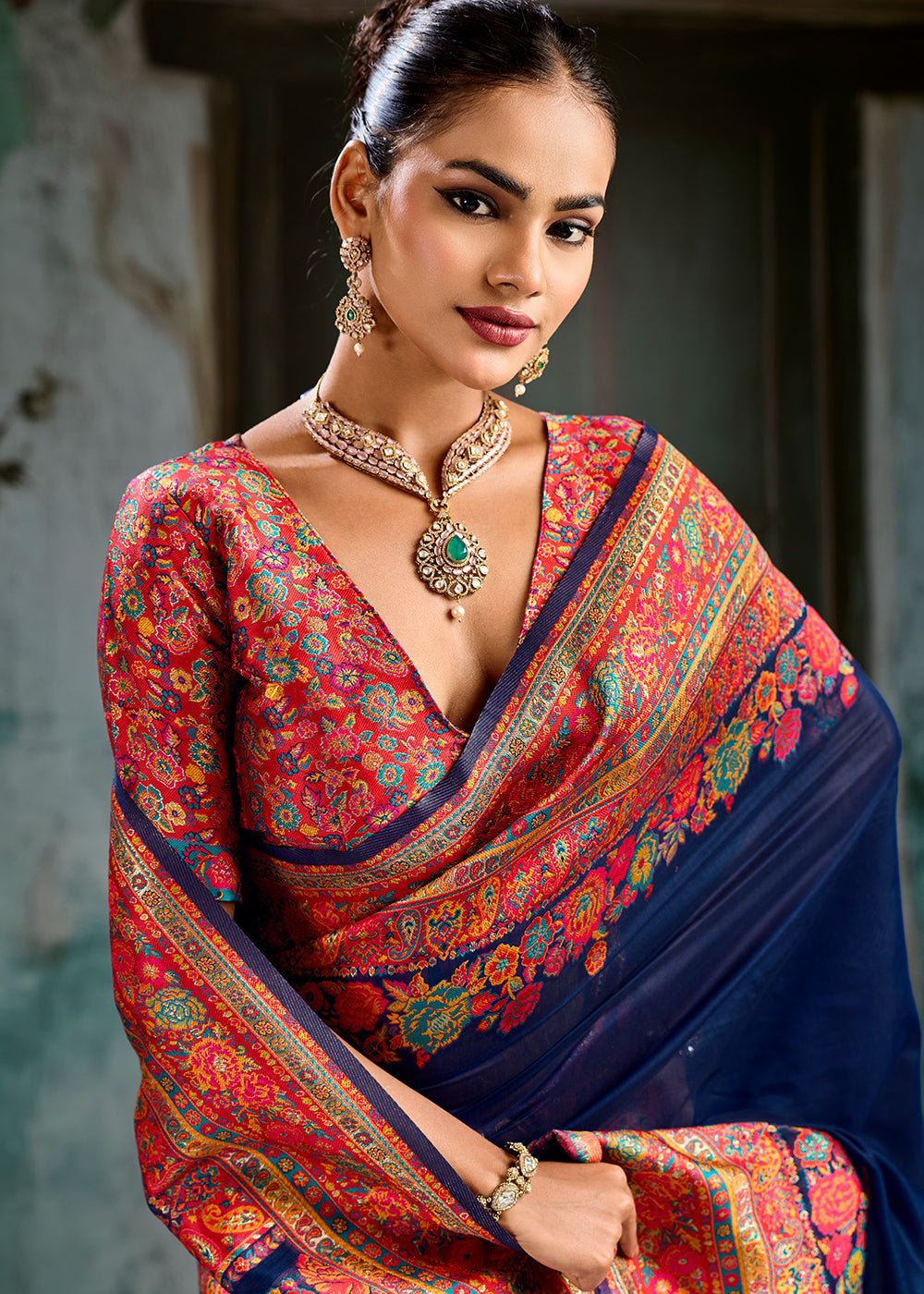 Trypan Blue Handloom Pashmina Saree with Woven Elegance