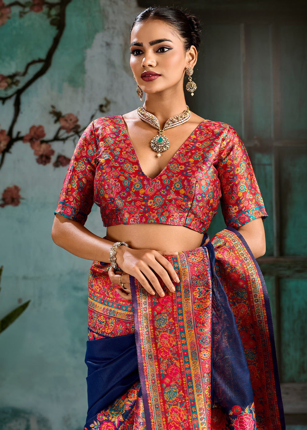 Trypan Blue Handloom Pashmina Saree with Woven Elegance