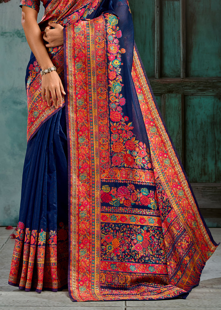 Trypan Blue Handloom Pashmina Saree with Woven Elegance