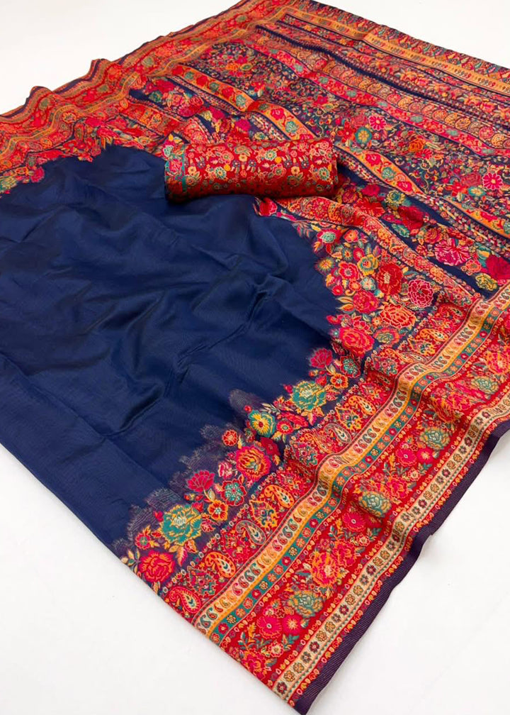 Trypan Blue Handloom Pashmina Saree with Woven Elegance