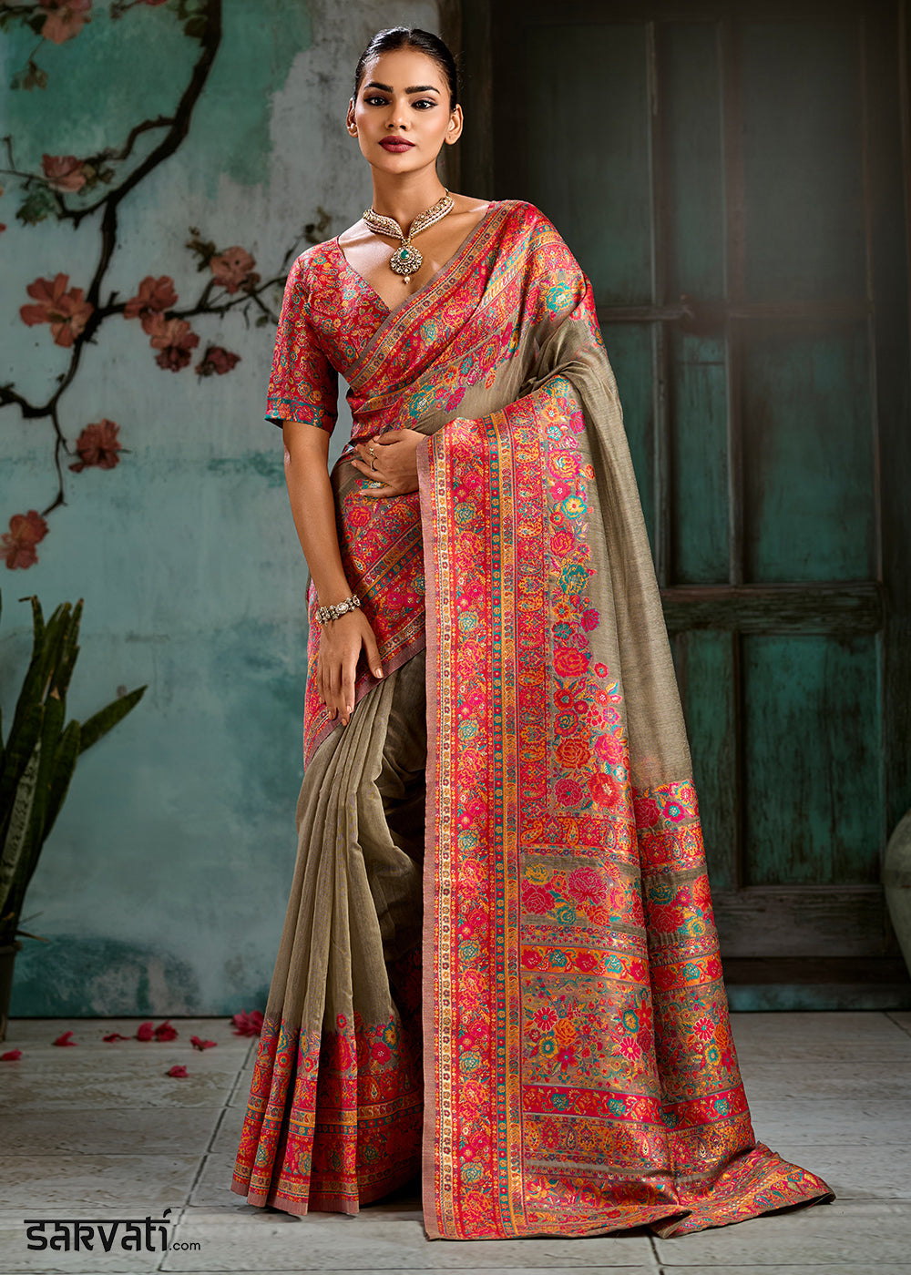 Sepia Brown Handloom Pashmina Saree with Woven Elegance