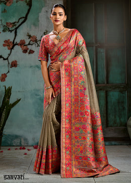 Sepia Brown Handloom Pashmina Saree with Woven Elegance