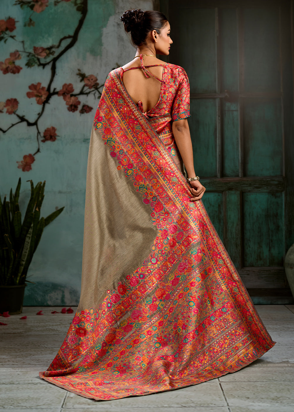 Sepia Brown Handloom Pashmina Saree with Woven Elegance