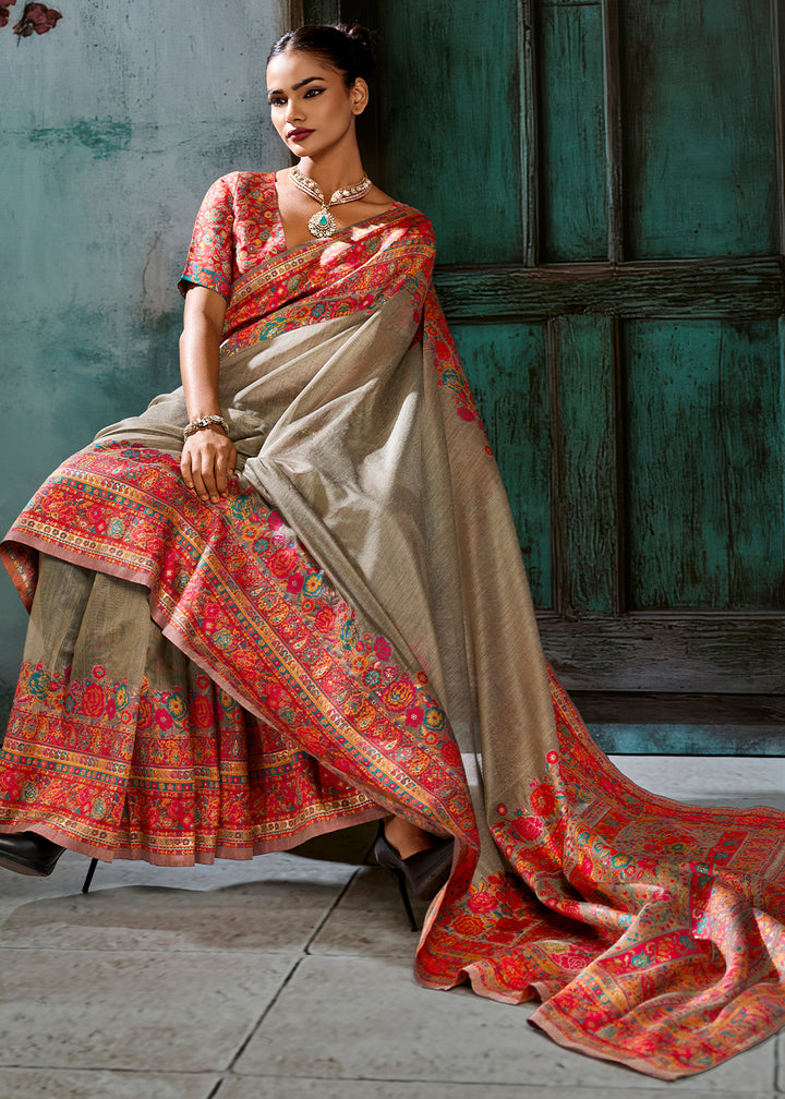 Sepia Brown Handloom Pashmina Saree with Woven Elegance