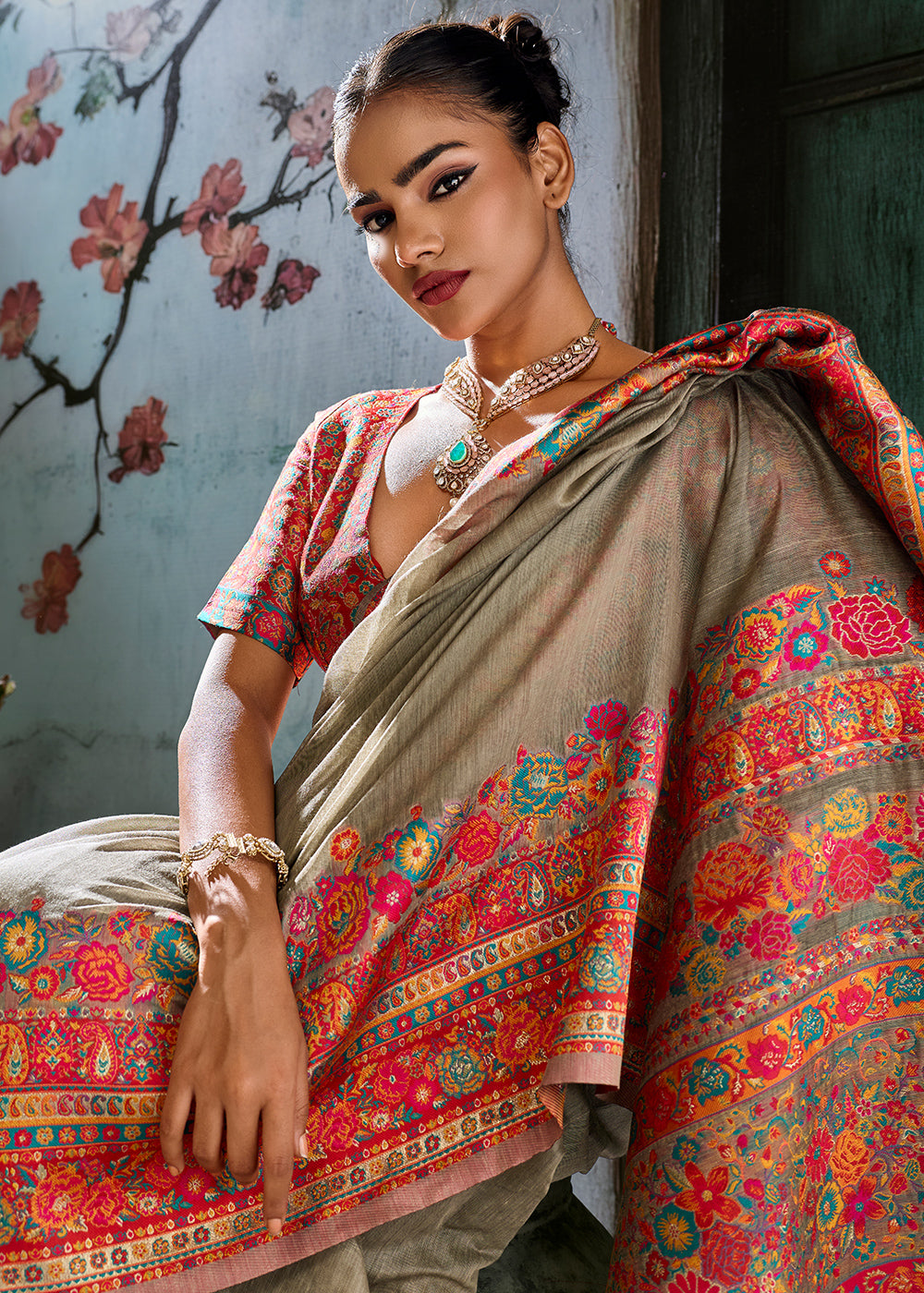 Sepia Brown Handloom Pashmina Saree with Woven Elegance
