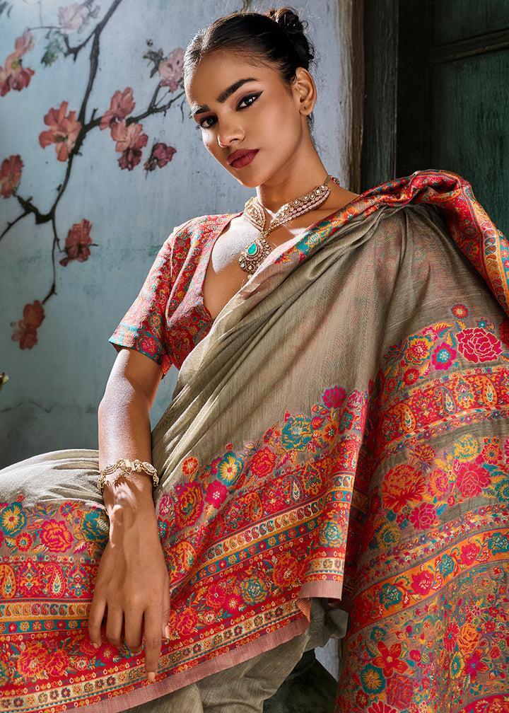 Sepia Brown Handloom Pashmina Saree with Woven Elegance