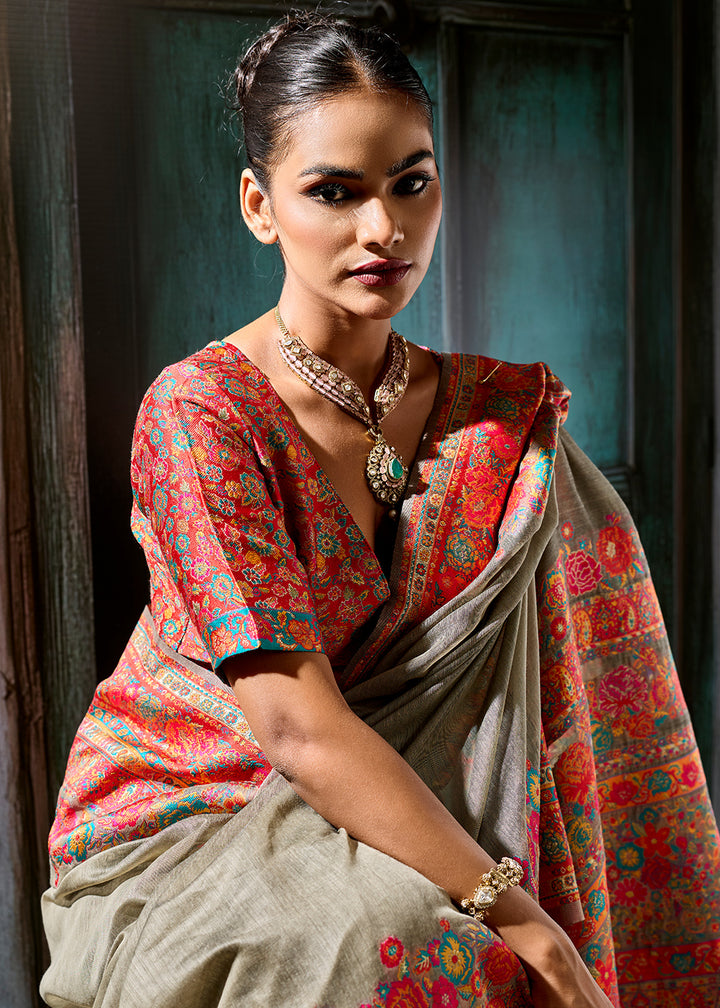 Sepia Brown Handloom Pashmina Saree with Woven Elegance