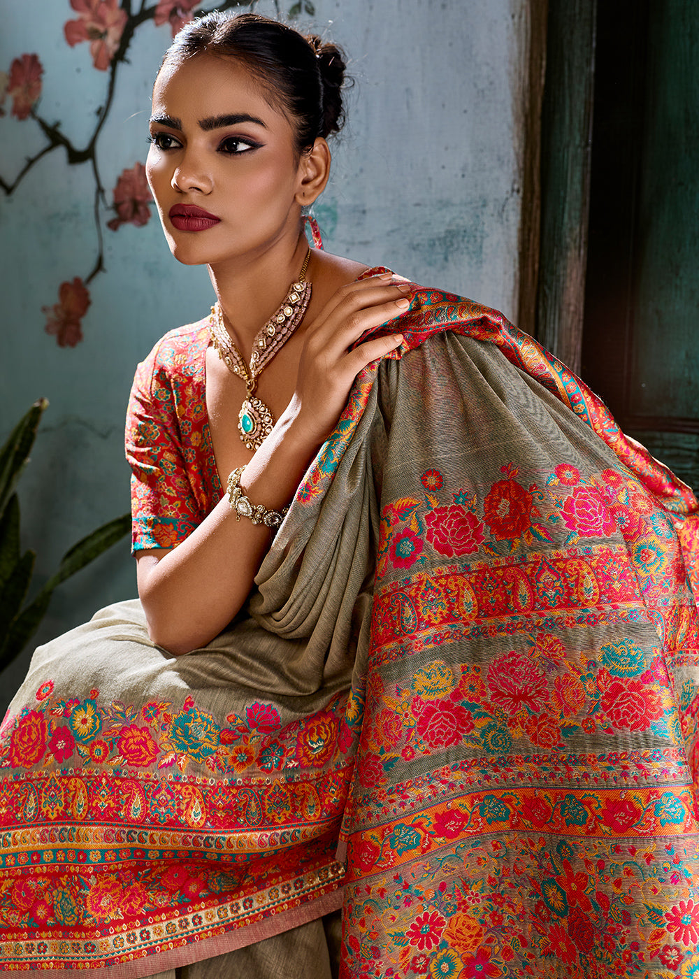 Sepia Brown Handloom Pashmina Saree with Woven Elegance
