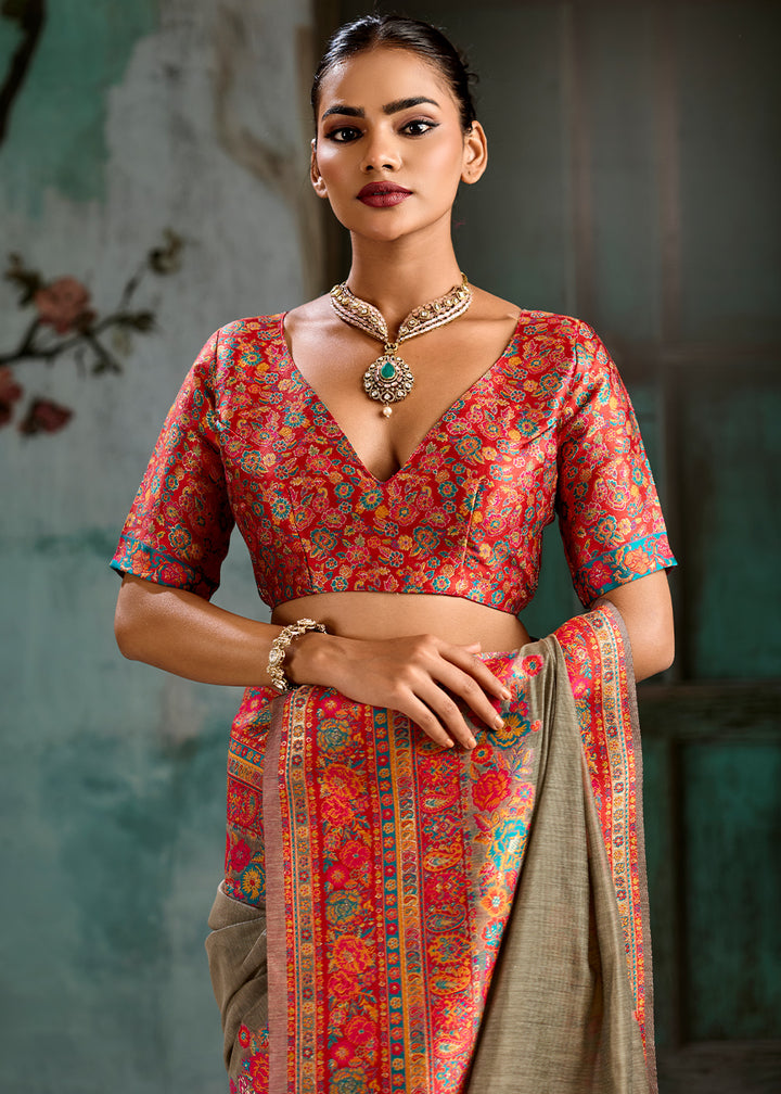 Sepia Brown Handloom Pashmina Saree with Woven Elegance