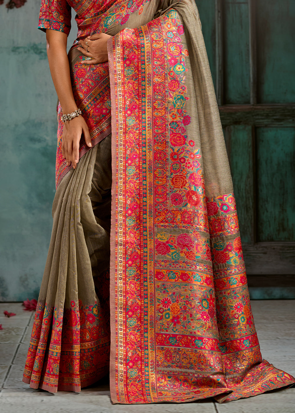 Sepia Brown Handloom Pashmina Saree with Woven Elegance