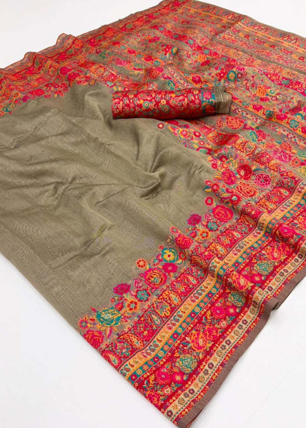 Sepia Brown Handloom Pashmina Saree with Woven Elegance