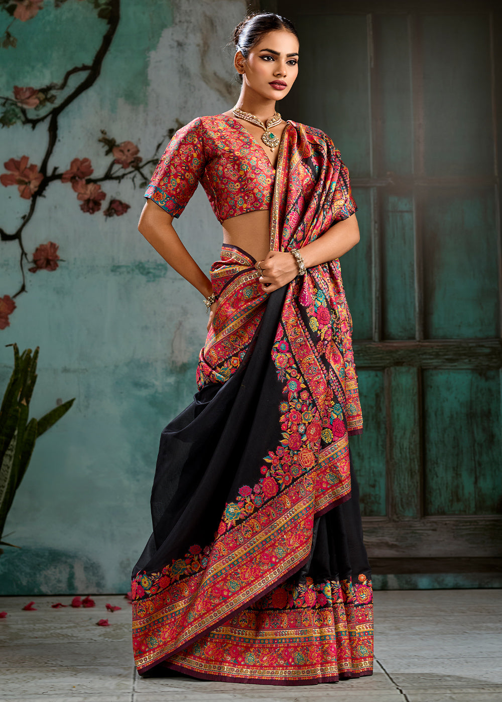Pebble Black Handloom Pashmina Saree with Woven Elegance