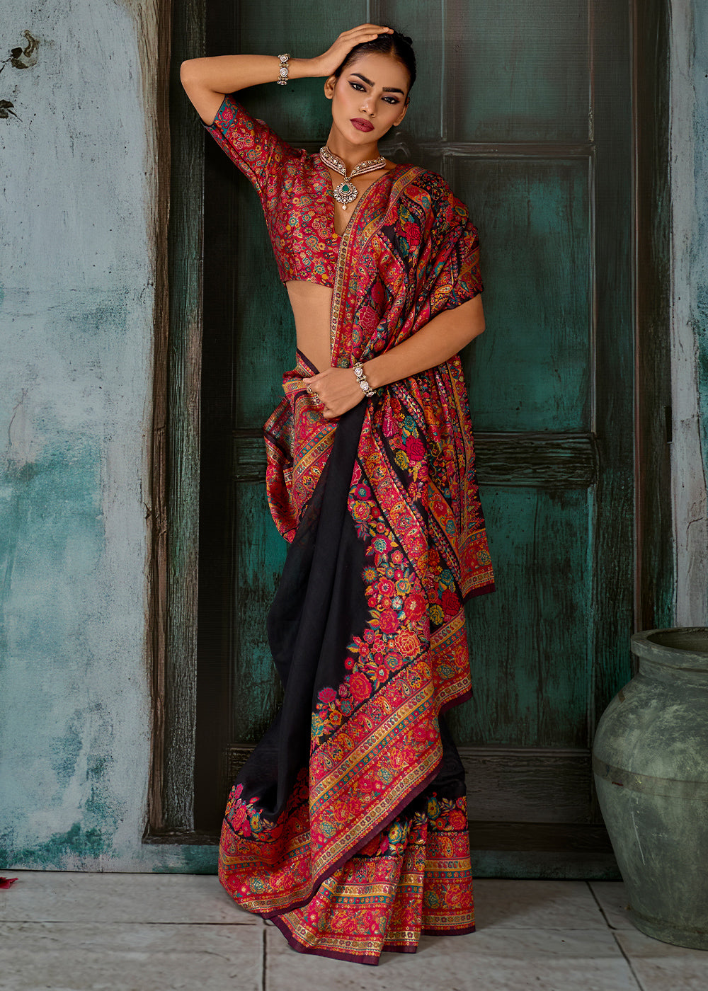 Pebble Black Handloom Pashmina Saree with Woven Elegance