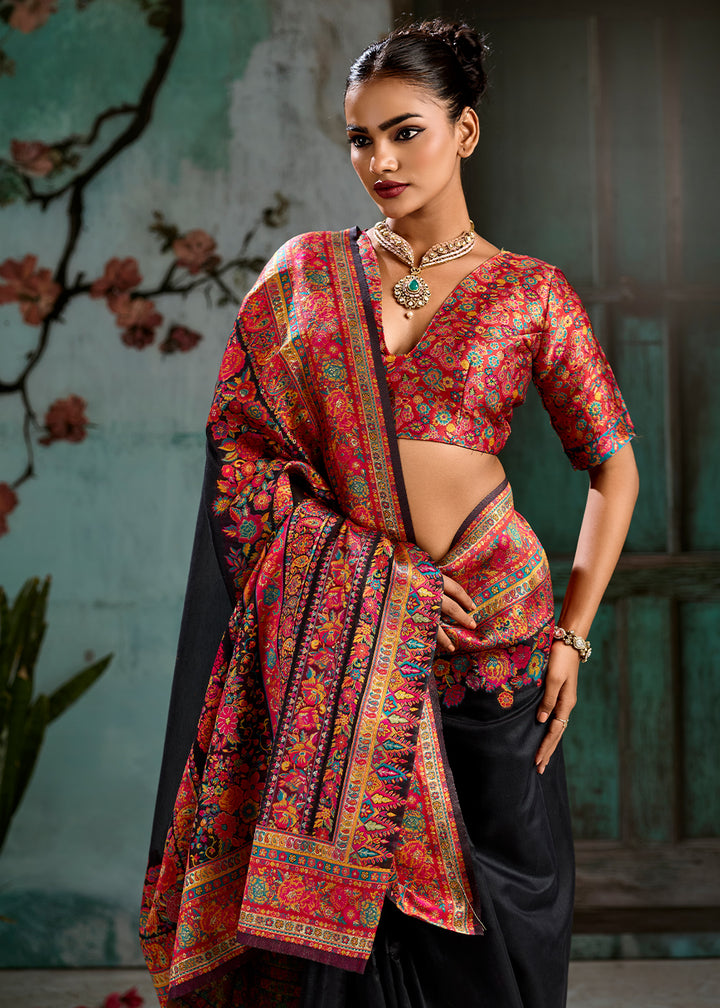 Pebble Black Handloom Pashmina Saree with Woven Elegance