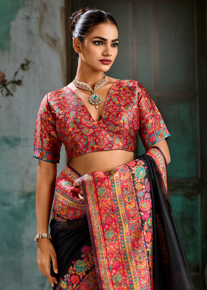 Pebble Black Handloom Pashmina Saree with Woven Elegance
