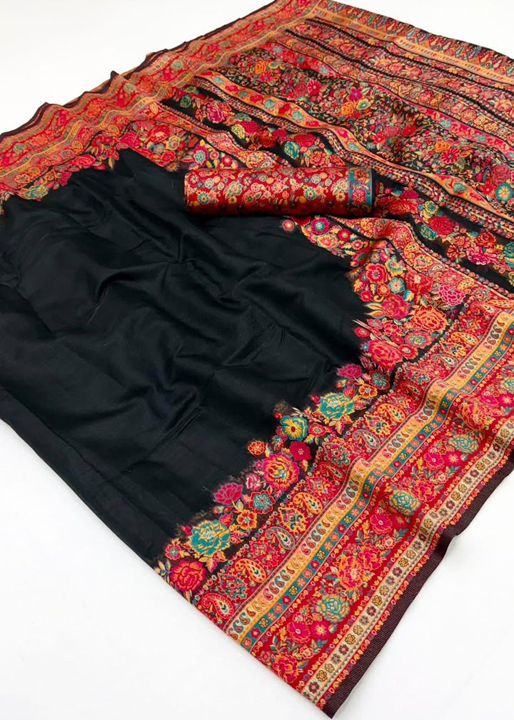 Pebble Black Handloom Pashmina Saree with Woven Elegance
