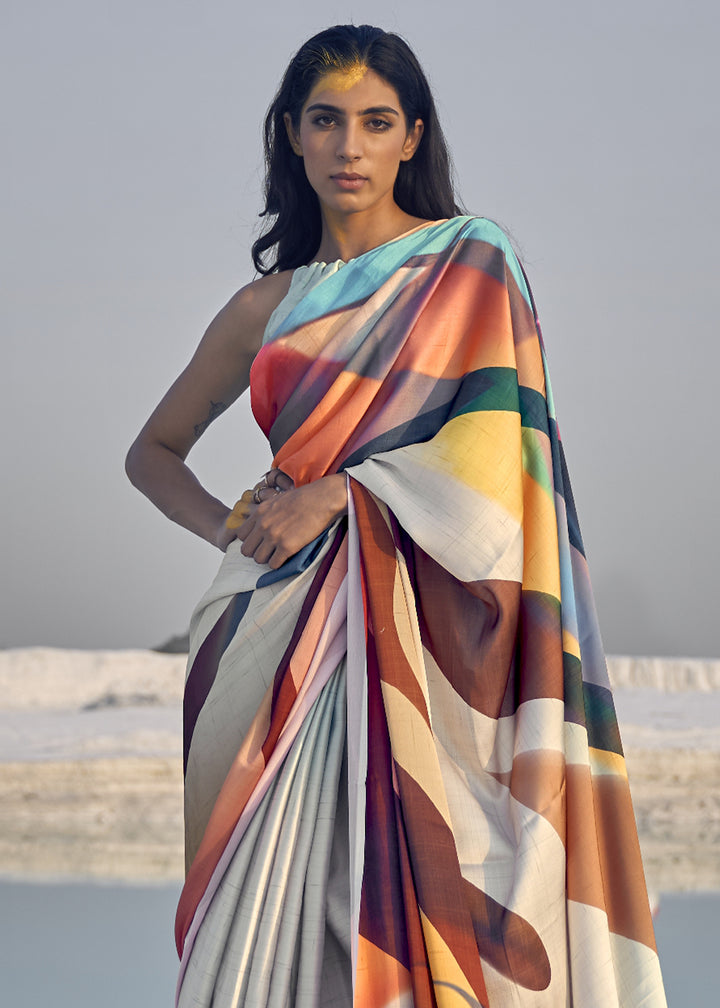 Multi Colored Satin Crepe Saree with Stylish Designer Prints